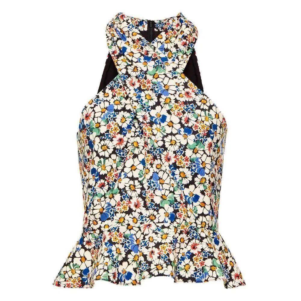 NWOT Veronica Beard Drey Daisy-Like Floral Halter Peplum Top
